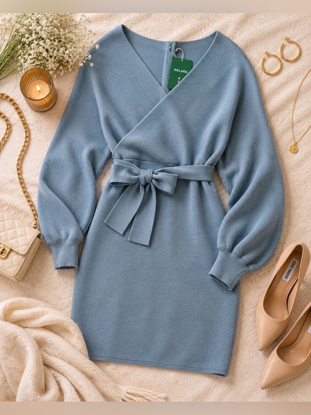 NWT Halara Blue Wrap Sweater Dress Balloon Sleeve Tie Waist Small